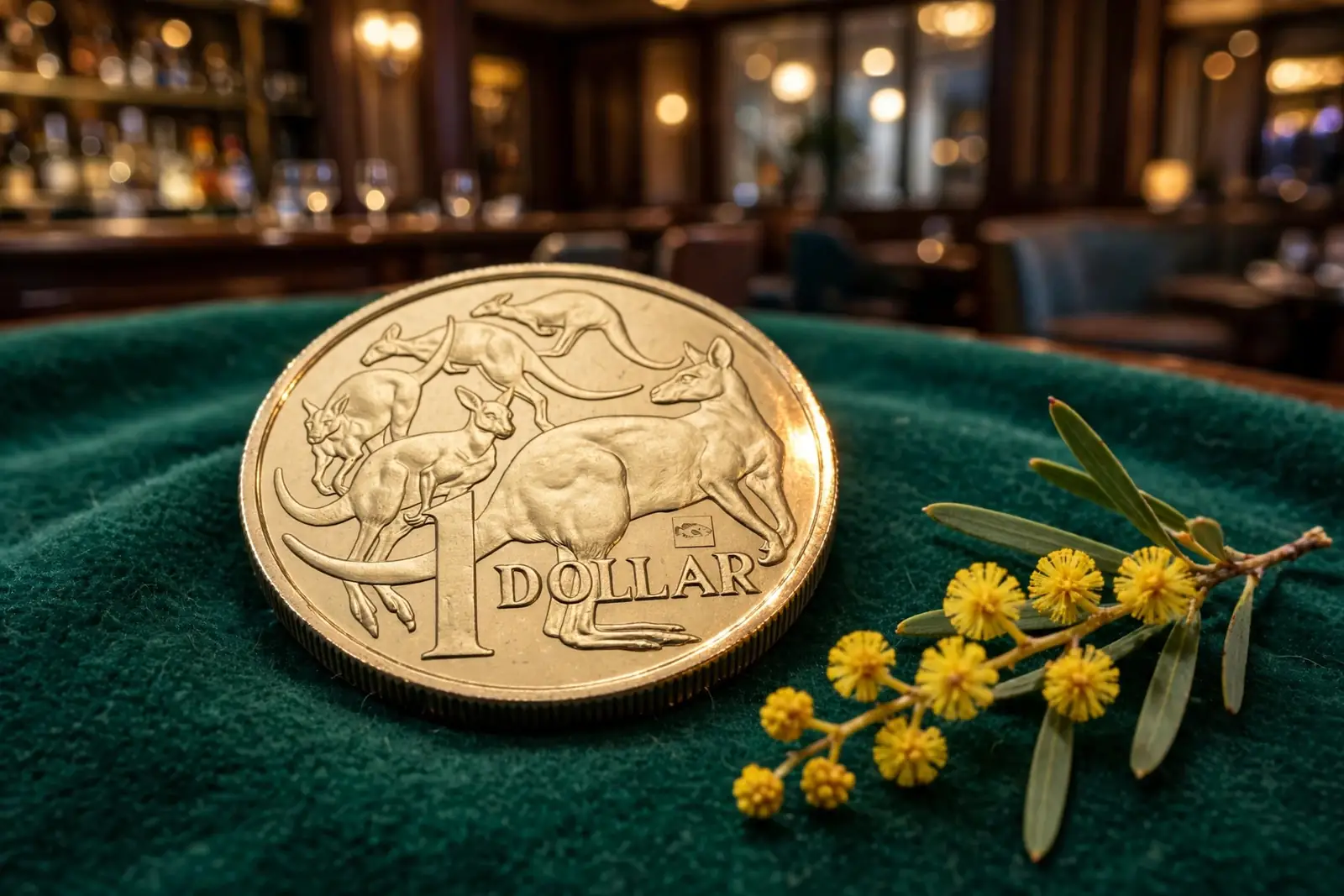 Single Australian one-dollar coin on emerald felt with wattle and casino bokeh lights.
