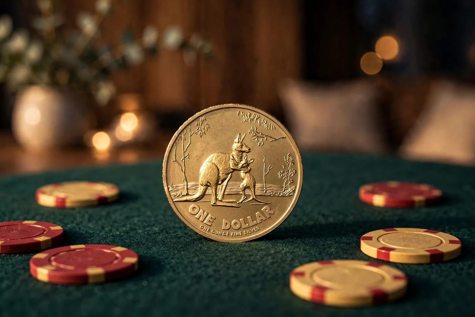 Single Australian one-dollar coin on green felt with poker chips