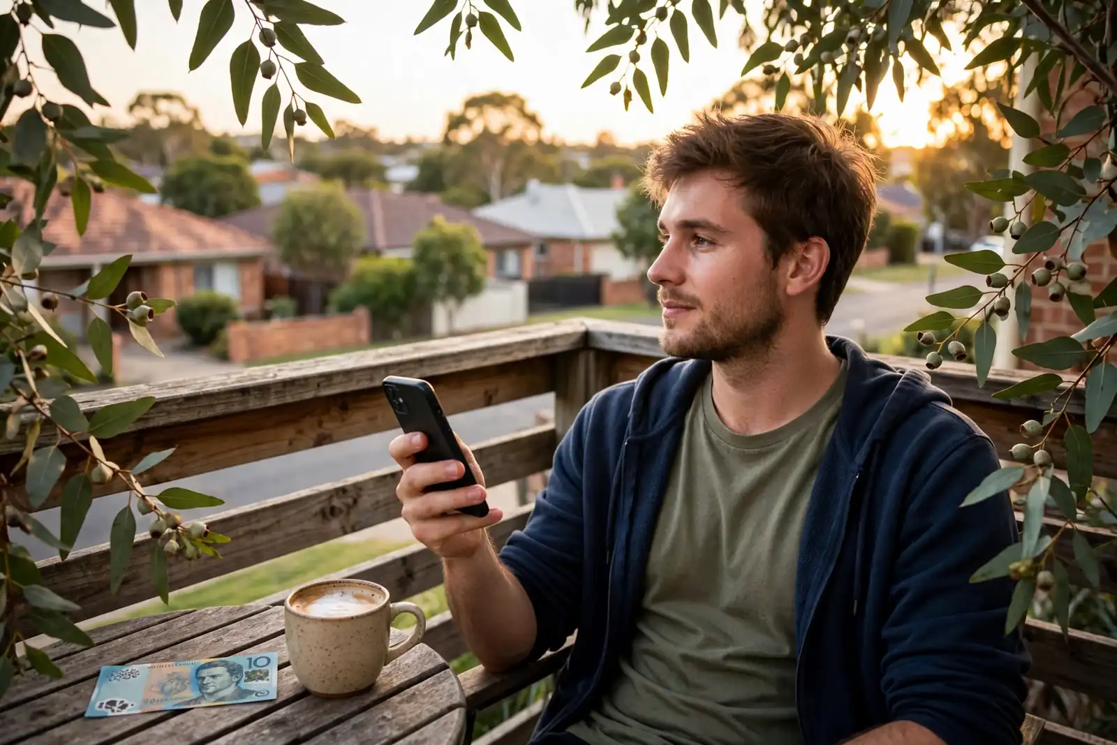 Australian man relaxing with phone and a ten-dollar note on a sunlit balcony.