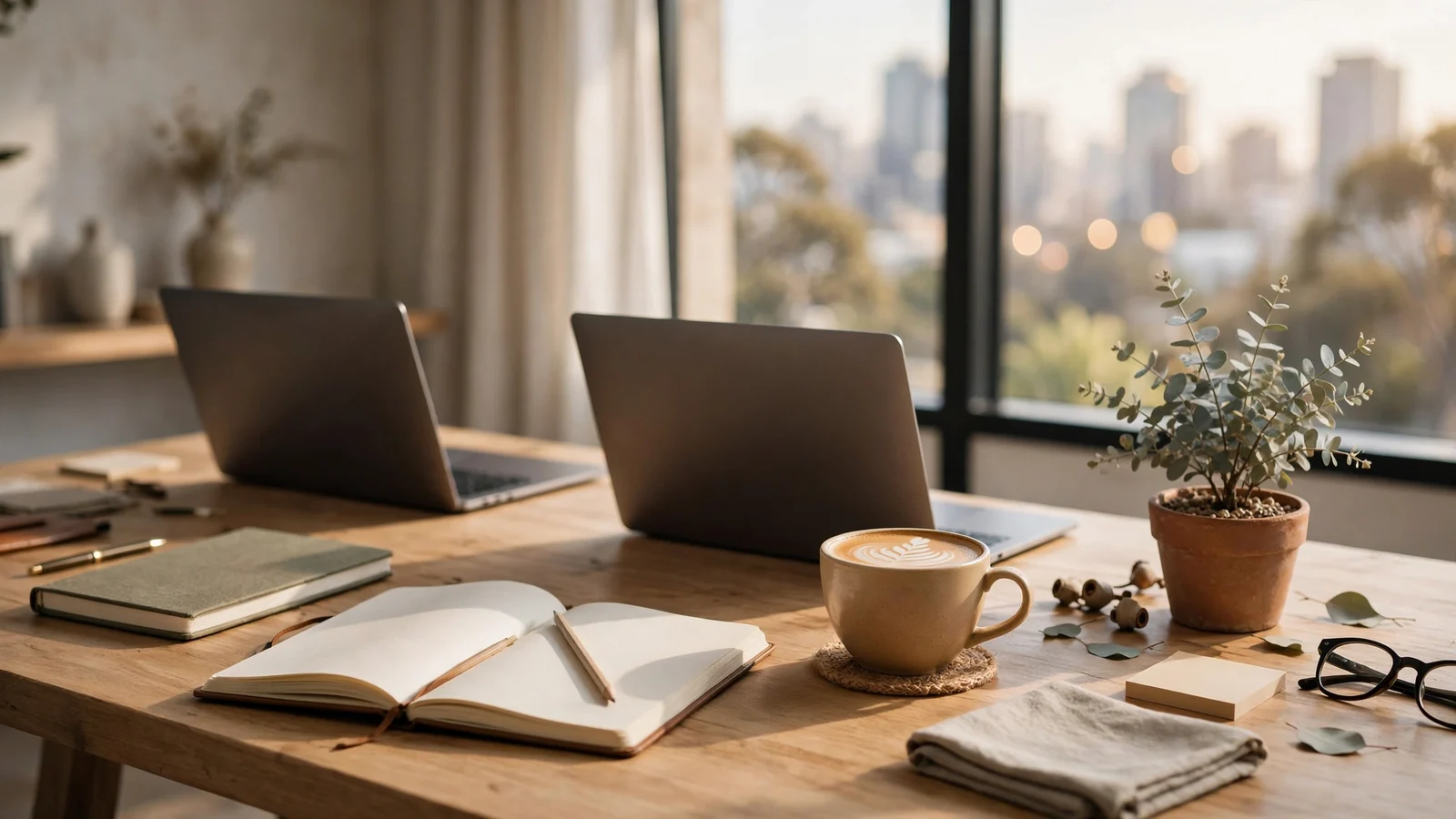 Modern Australian editorial office desk with laptops, coffee, and native plant.
