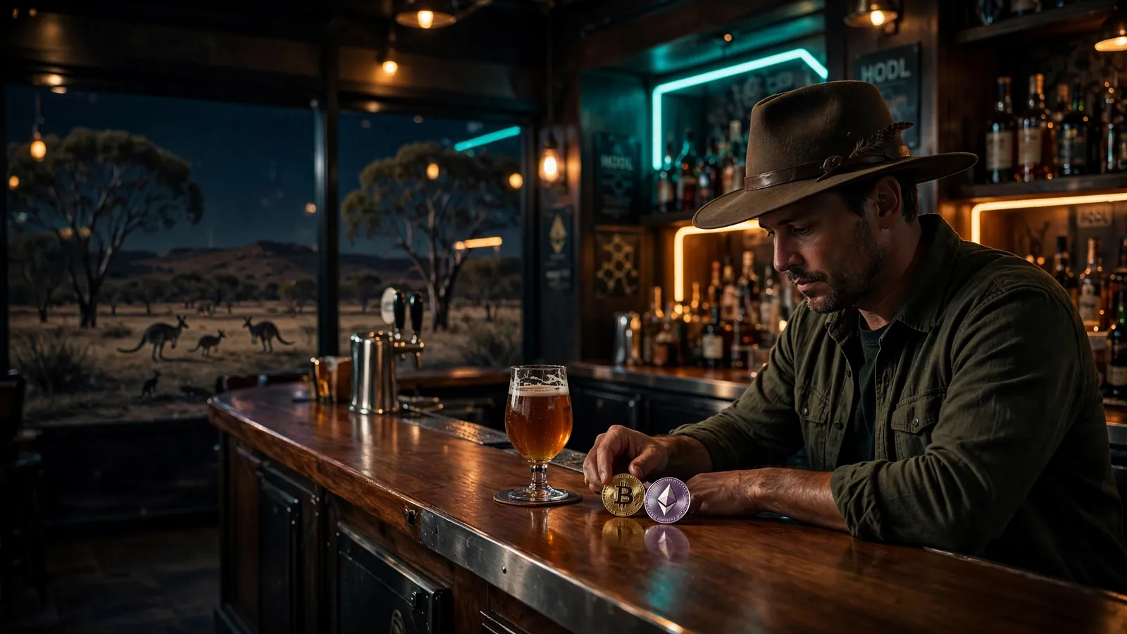 Anonymous crypto casino scene in an Australian pub with crypto tokens