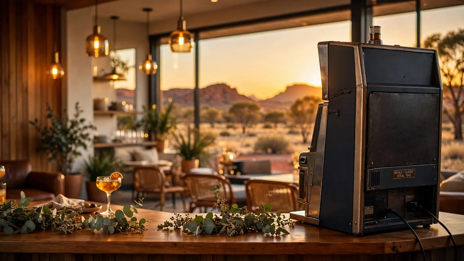 Australian gaming lounge interior with vintage slot machine and outback sunset view