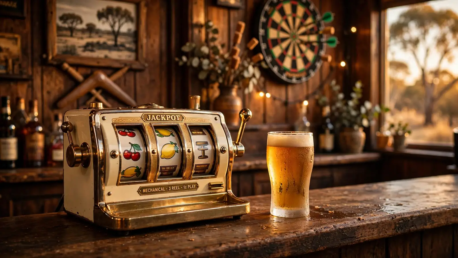 Vintage three-reel slot machine on an Australian pub bar counter