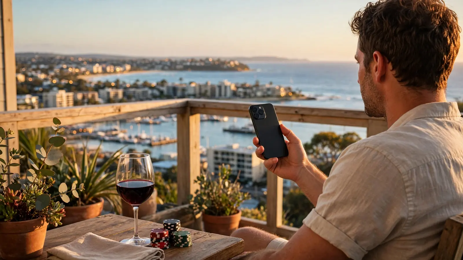 Australian man holding a smartphone at sunset balcony with casino chips and wine