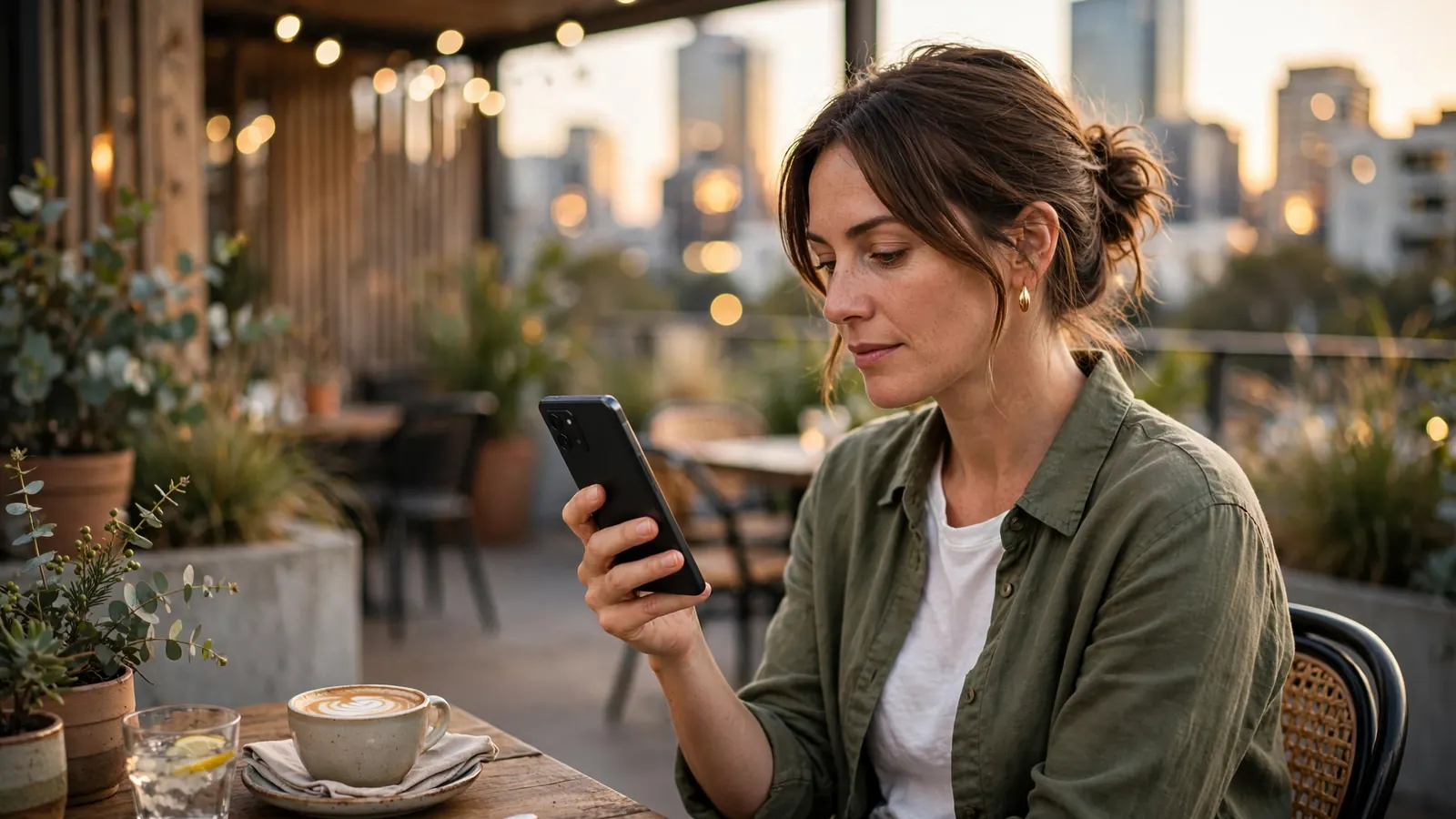 Person holding an Android smartphone at an Australian cafe terrace