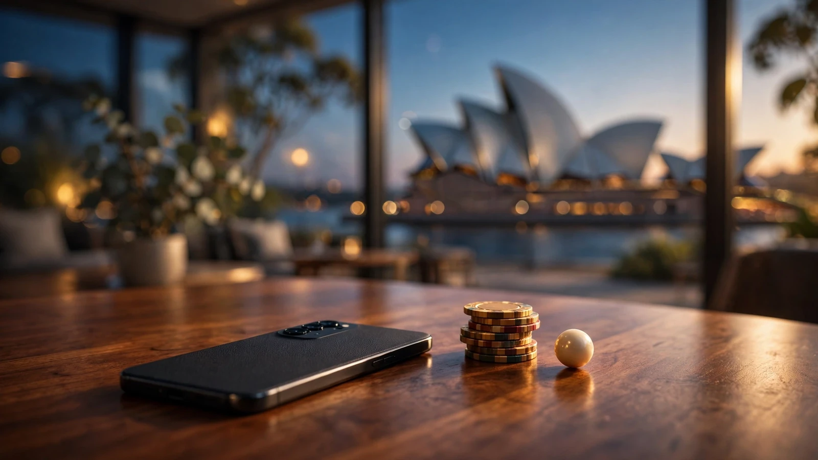Smartphone with casino chips near a window overlooking Sydney Opera House silhouette