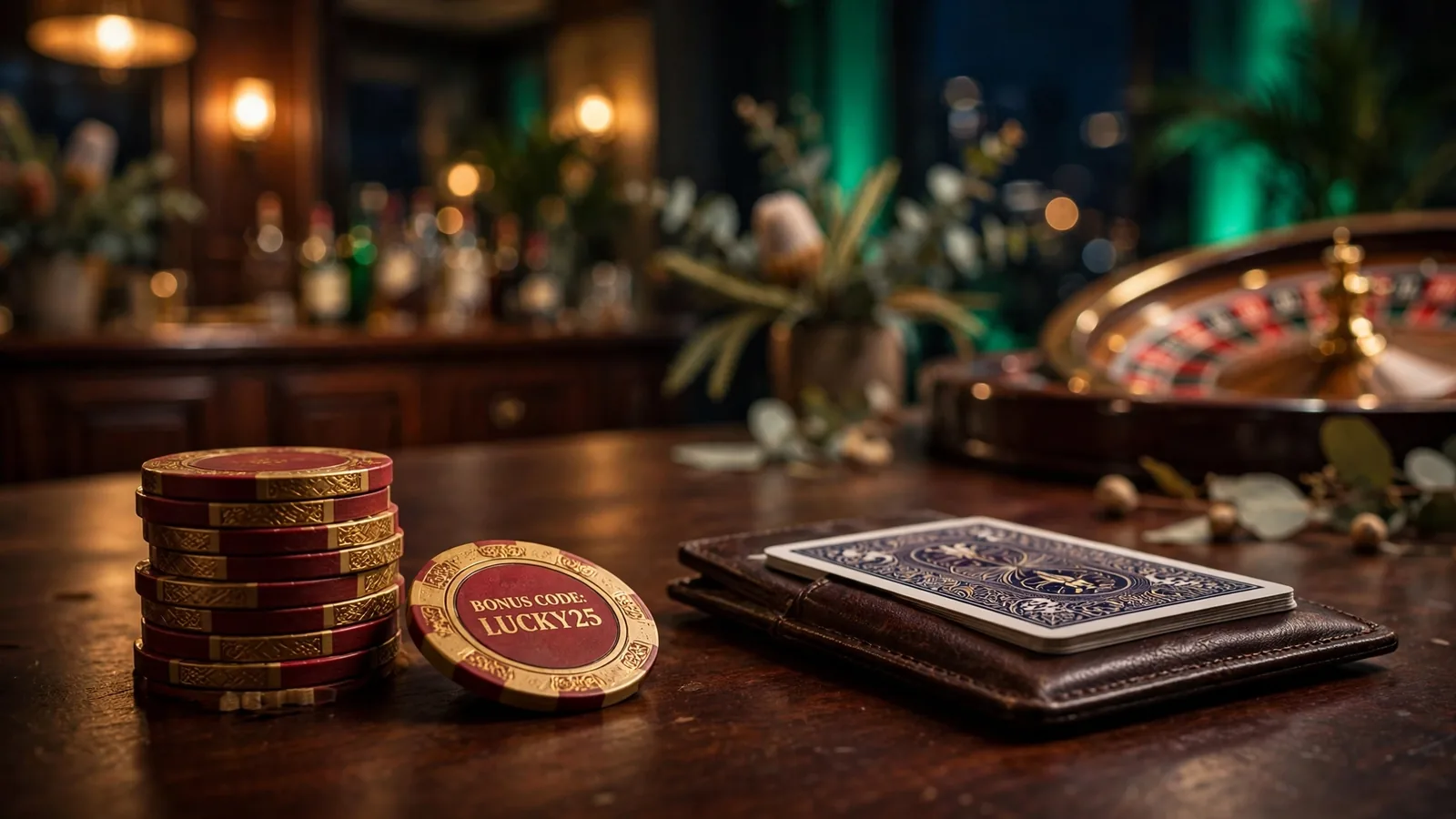 Casino chips and playing cards on a dark table in an Australian casino setting