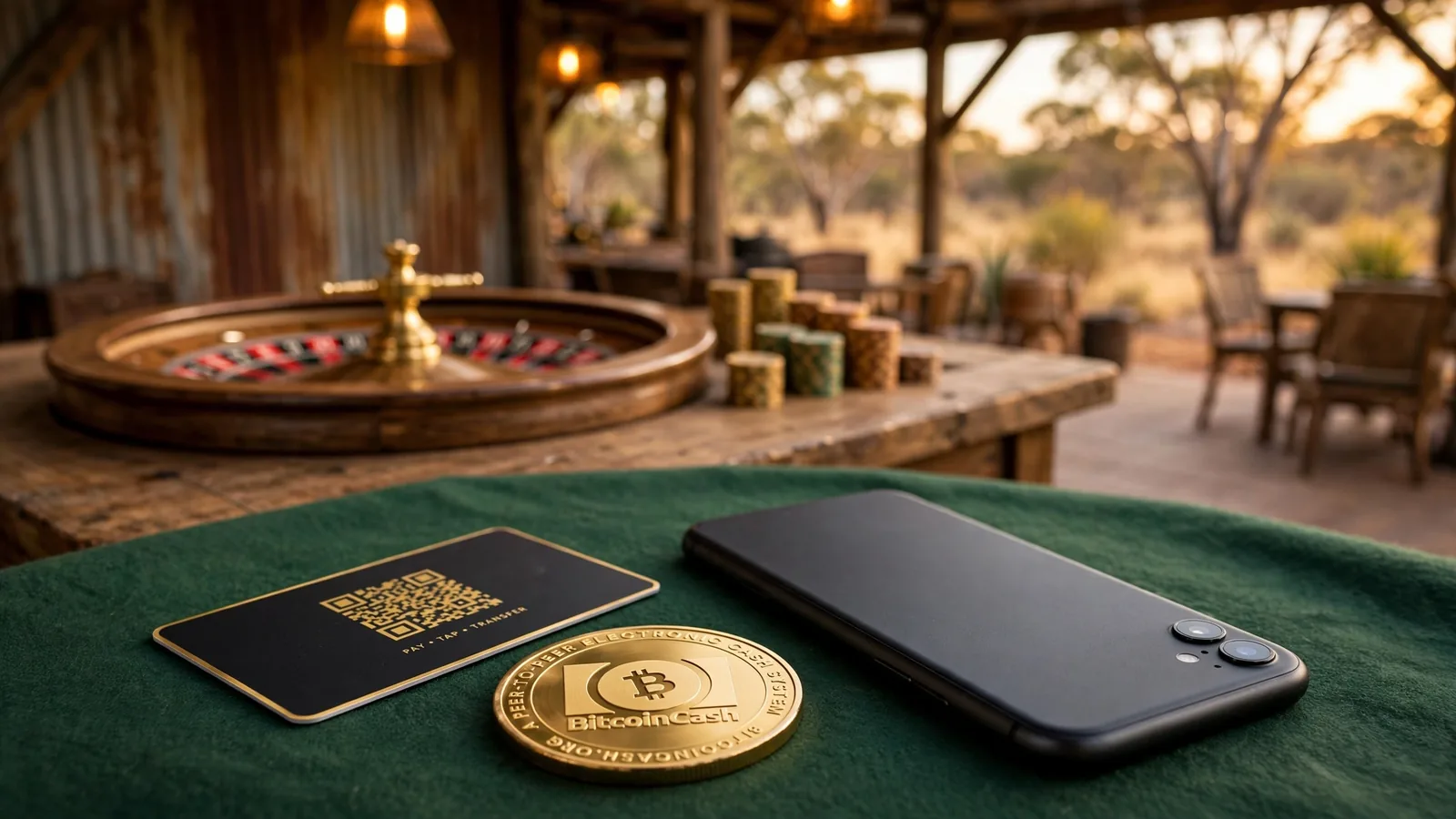 Roulette table with chips, Bitcoin Cash coin and a face-down smartphone on green felt