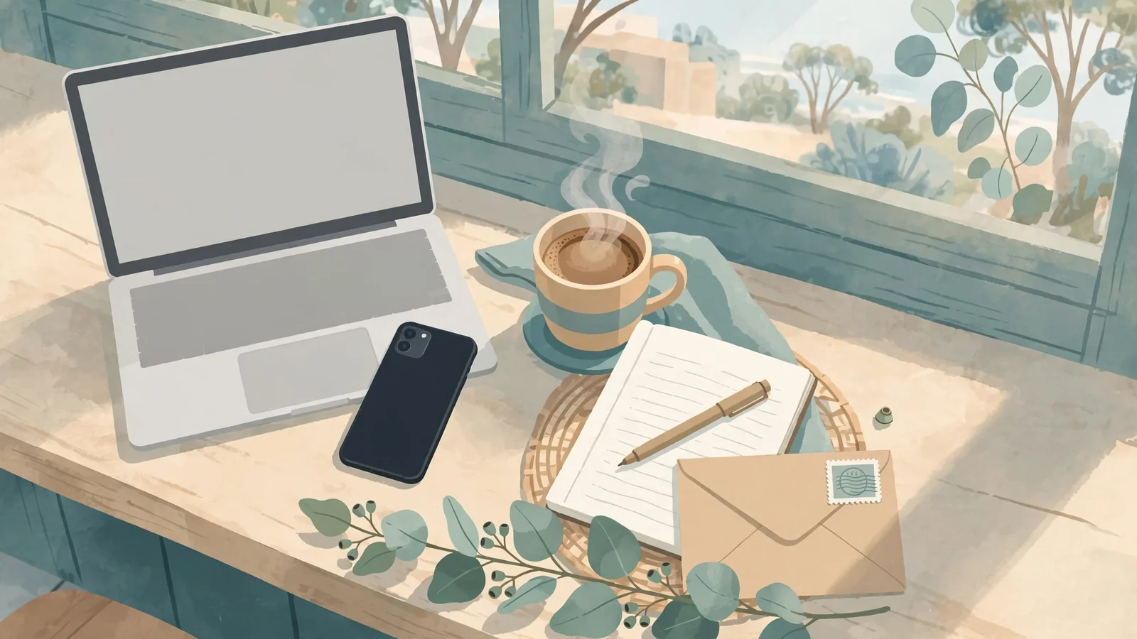 Flat illustration of a cozy desk with laptop, phone, coffee, and envelope in warm tones.
