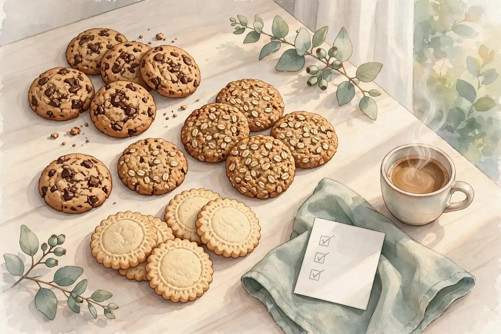 Flat-lay of homemade cookies with a coffee cup and a checkmarked consent card on a wooden table