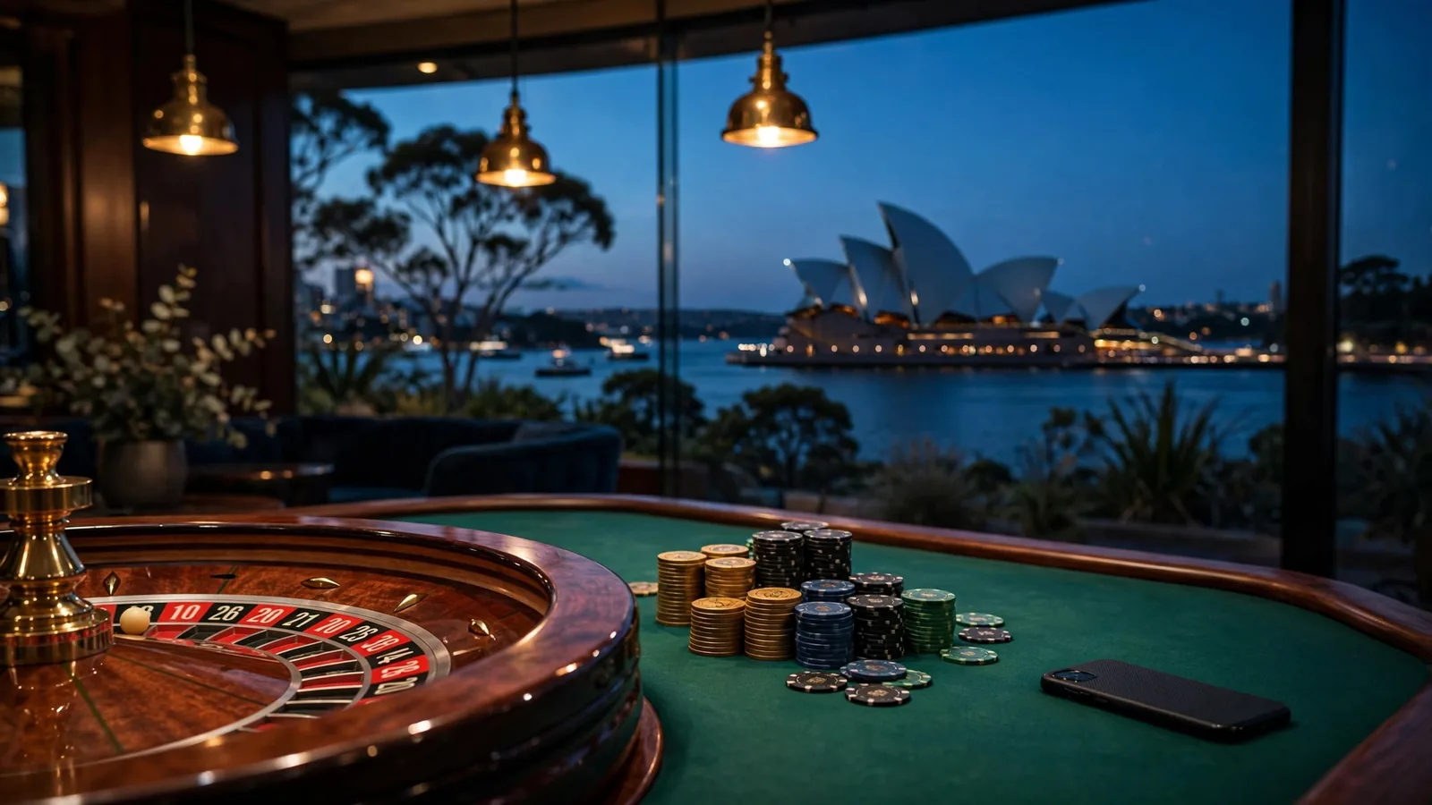 Casino table with roulette and chips overlooking Sydney Opera House at twilight