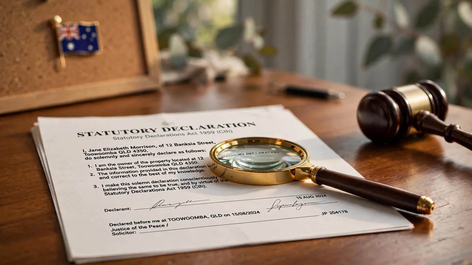Legal disclaimer document on a desk with a magnifying glass and gavel, Australian context.