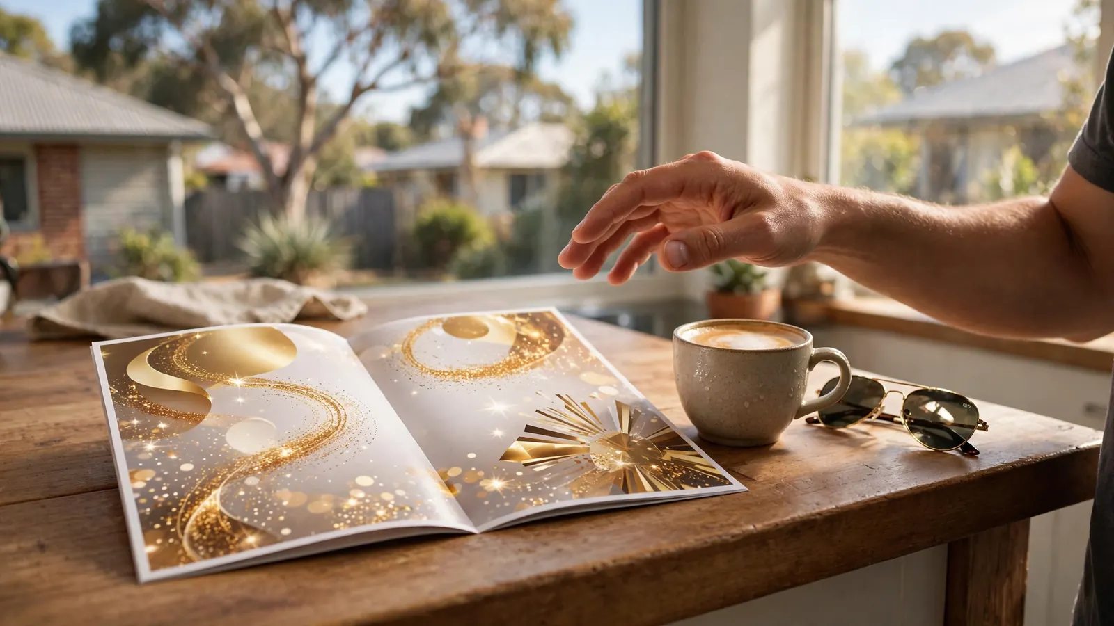 Casino promotional flyer on a kitchen bench beside coffee and sunglasses