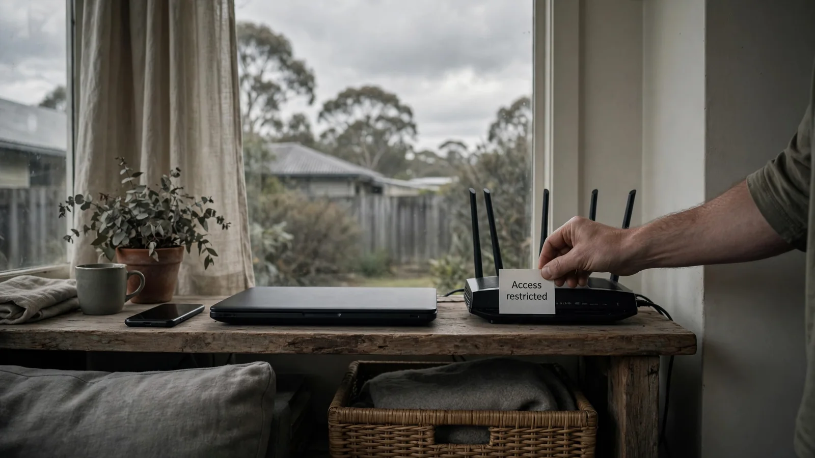 Hand placing an access-restricted sign near a home router and devices
