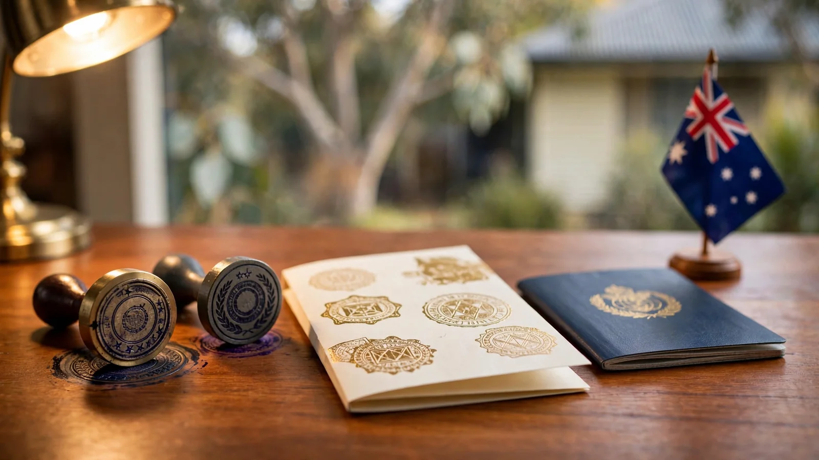 Generic foreign licence stamps and certificate beside an Australian flag model