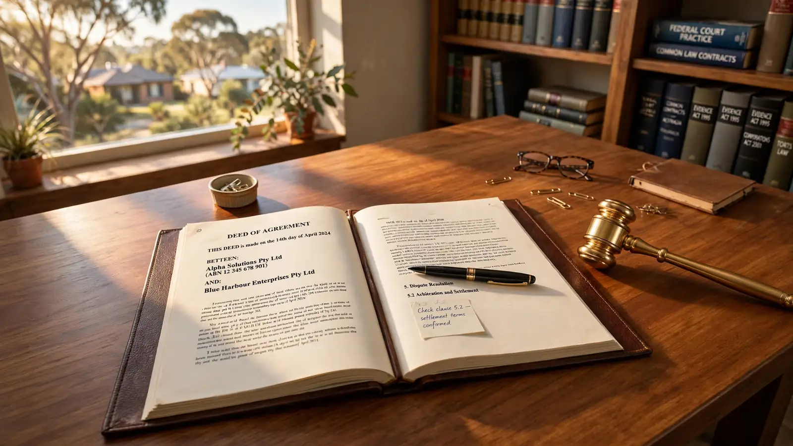 Legal document and gavel on a wooden desk in an Australian office