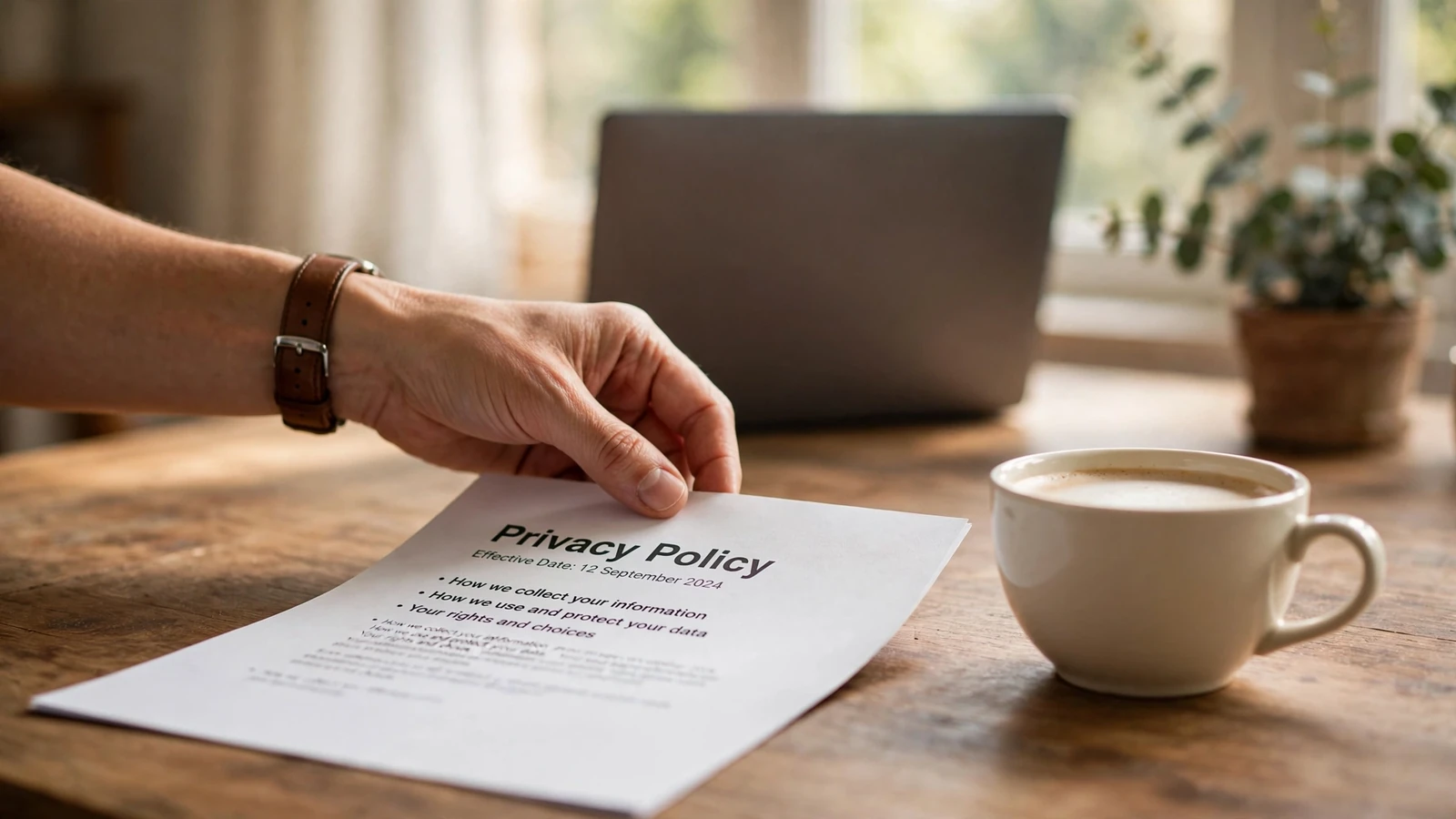 Privacy policy document on a desk with coffee and laptop