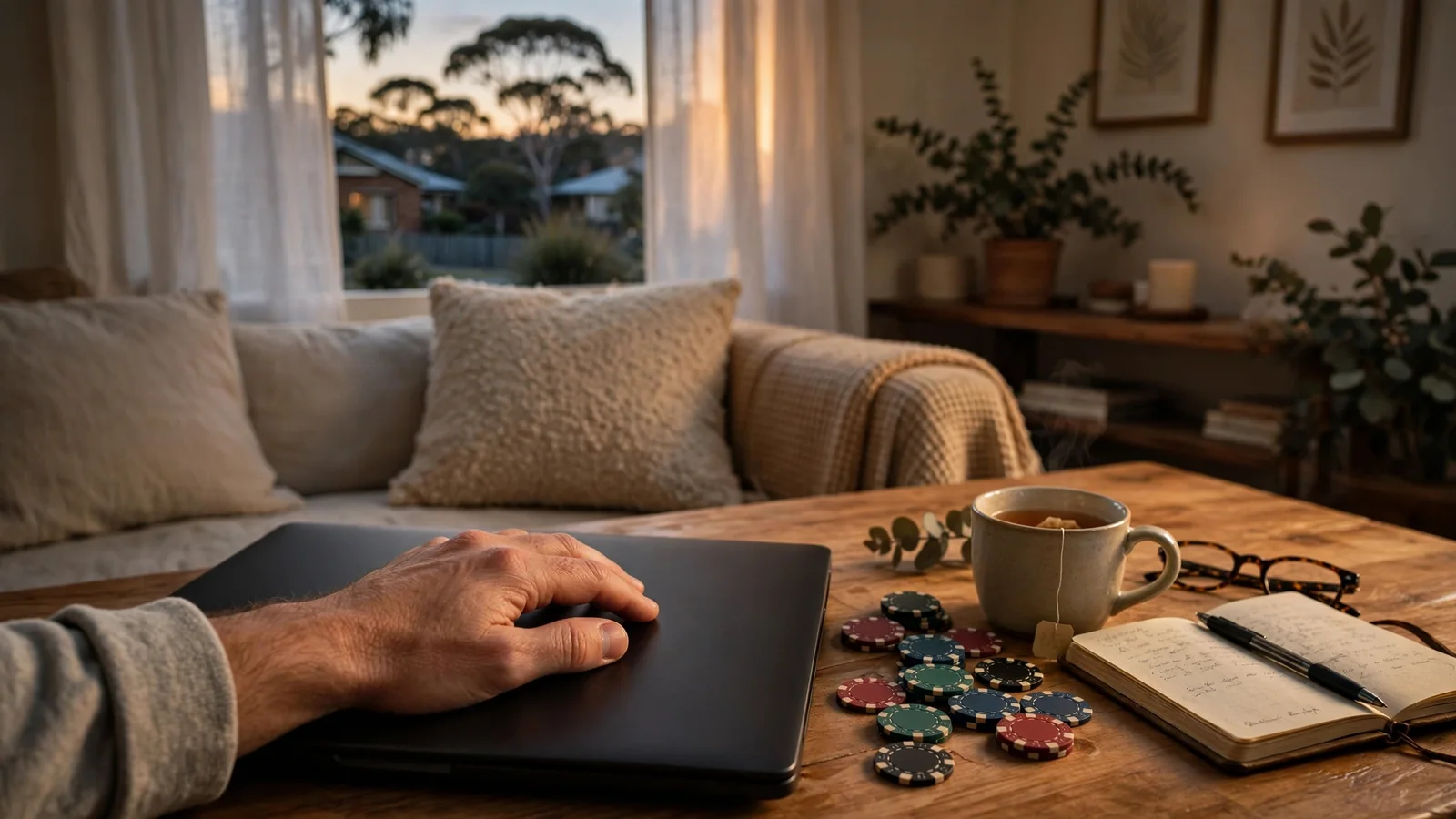 Calm Australian living room scene with closed laptop, casino chips, and notebook symbolising responsible gambling choices