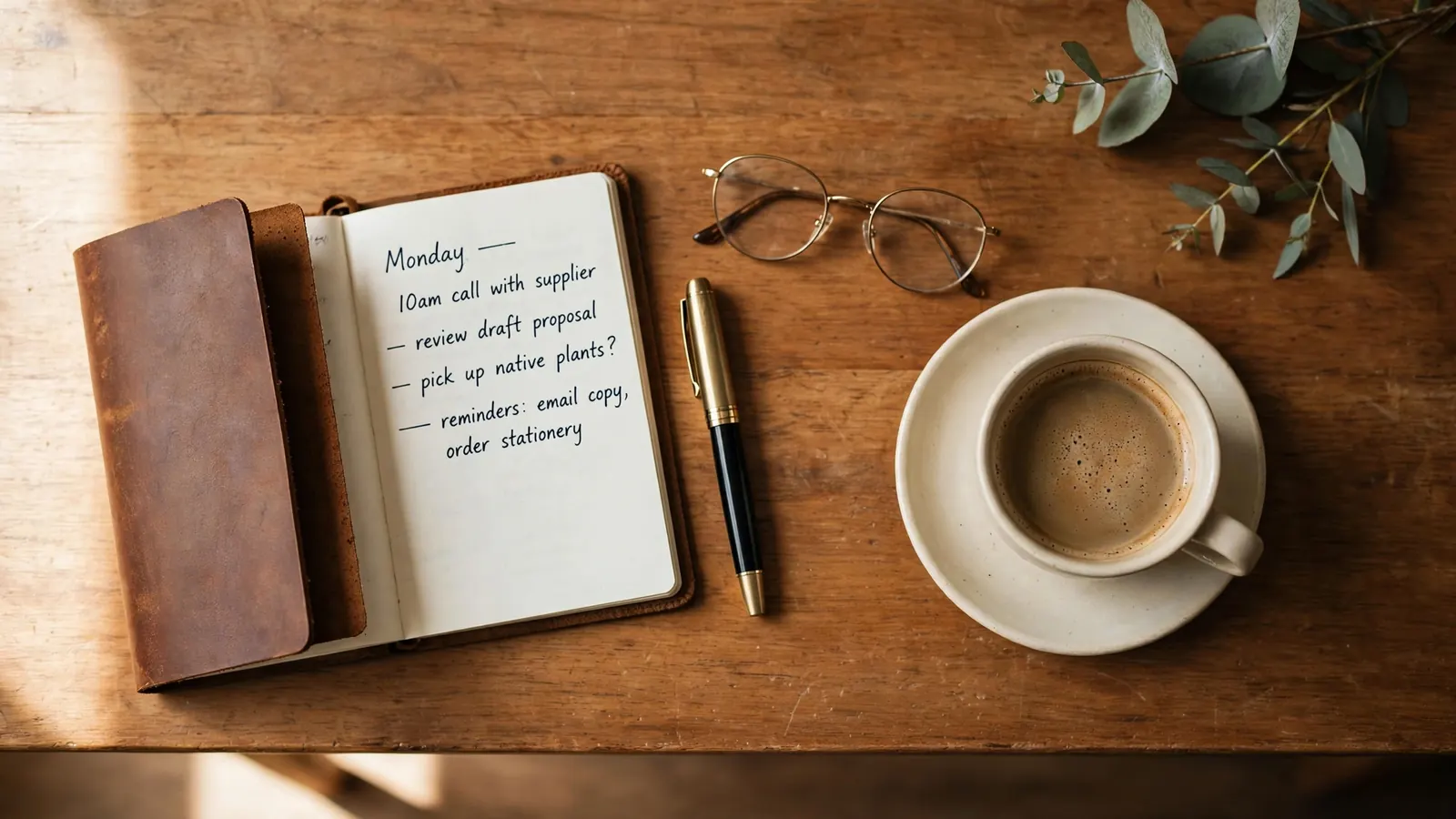 Open notebook with pen and glasses on wooden desk, soft natural light, Australian office setting.